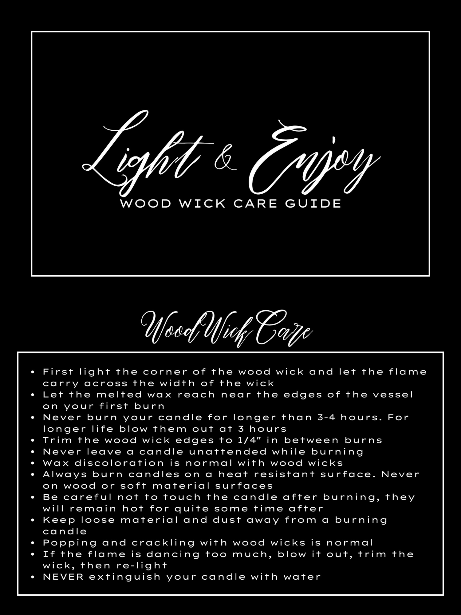 Printed Black and white wood wick Care Cards | 50 – West Sound Candle