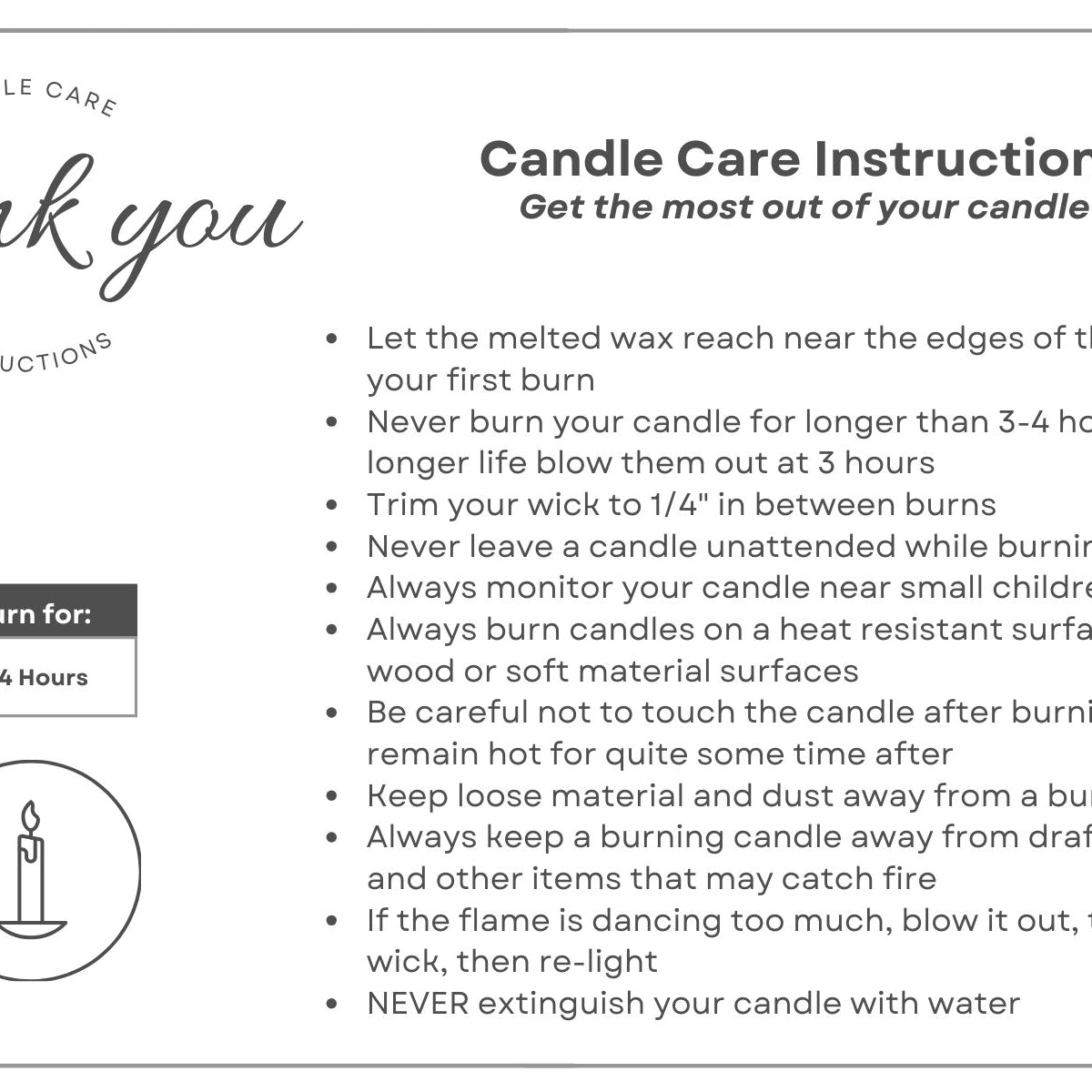 Printed White Candle Care Cards | 50