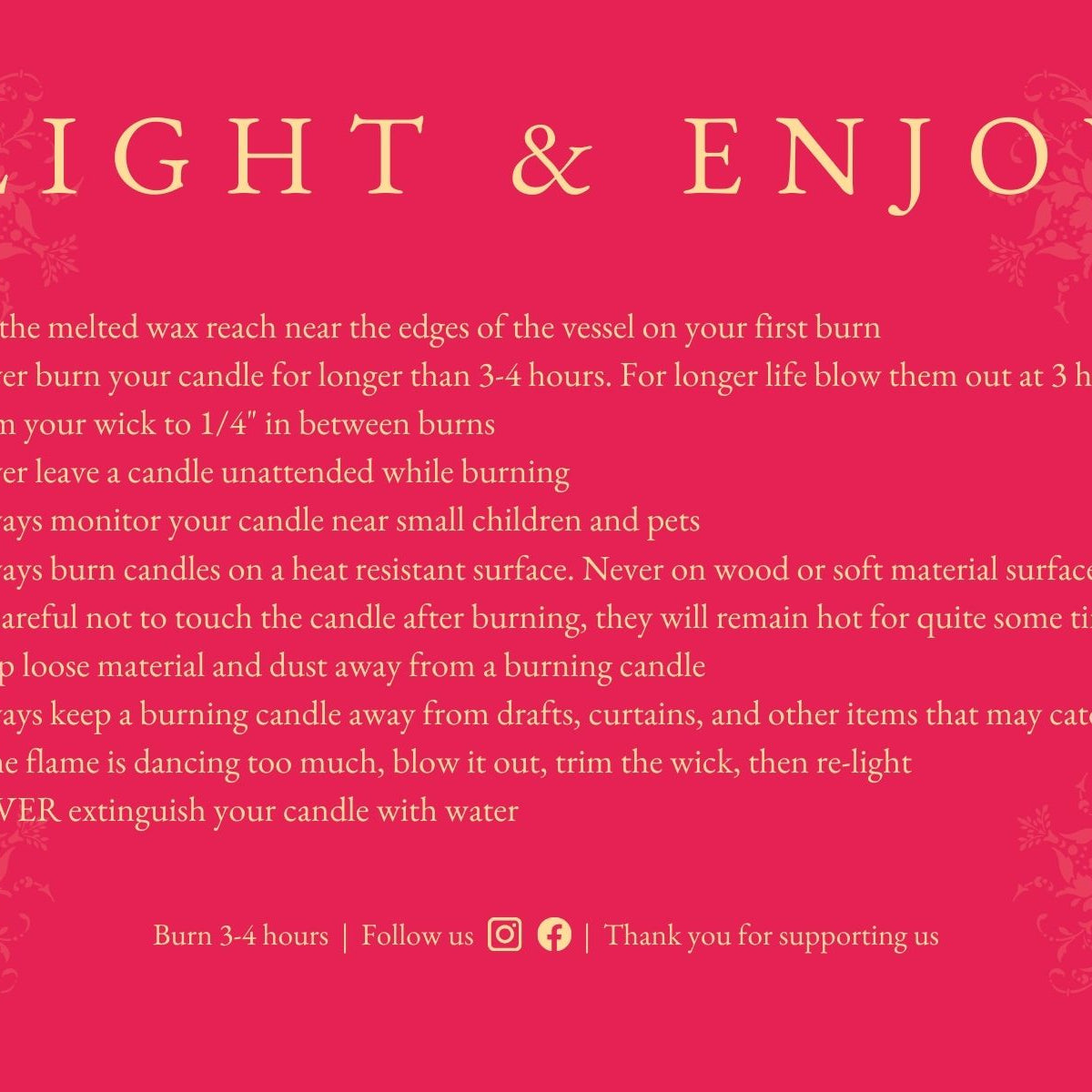 Printed Ornate Pink Candle Care Cards | 50
