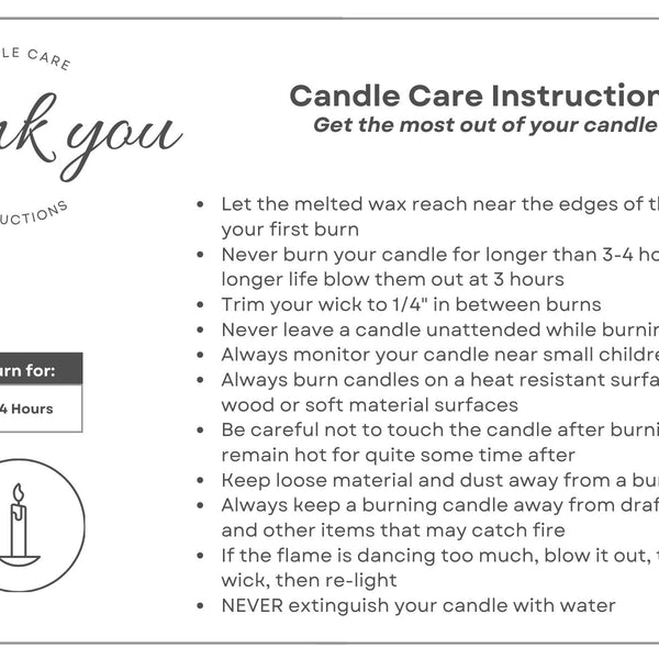 Printed White Candle Care Cards | 50